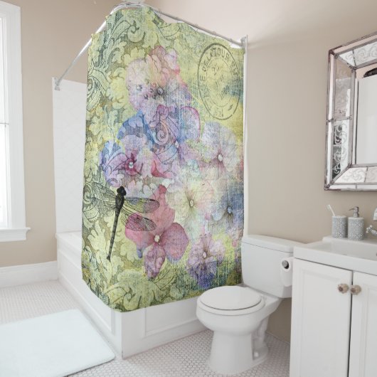 Hydrangea Dragonfly Postmark Ephemeral Douchegordijn (In situ)