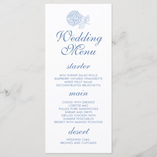 Hydrangea Dusty Blue Floral Modern Wedding Menu (Voorkant)