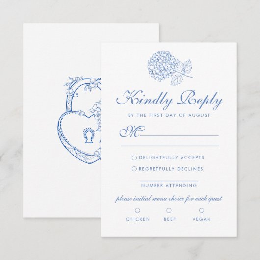 Hydrangea Dusty Blue Floral Modern Wedding RSVP Kaartje (Voorkant / Achterkant)
