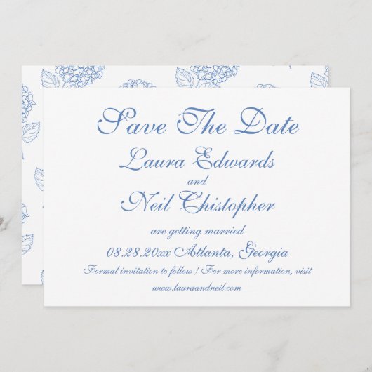 Hydrangea Dusty Blue Floral Modern Wedding Save The Date (Voorkant / Achterkant)