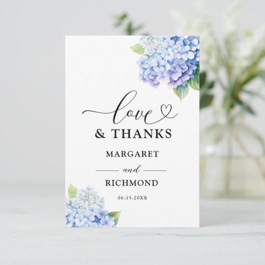 Hydrangea Dusty Blue Floral Wedding Bedankt Card (Staand voorkant)