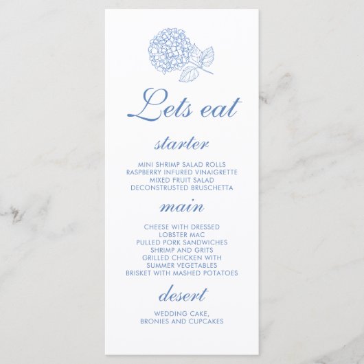 Hydrangea Dusty Blue Floral Wedding Menu (Voorkant)