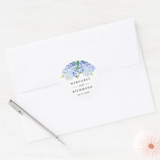 Hydrangea Dusty Blue Floral Wedding Ronde Sticker (Envelop)