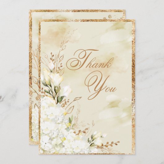 Hydrangea Elegant White Gold Floral Wedding Bedankkaart (Voorkant / Achterkant)