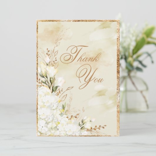 Hydrangea Elegant White Gold Floral Wedding Bedankkaart (Staand voorkant)