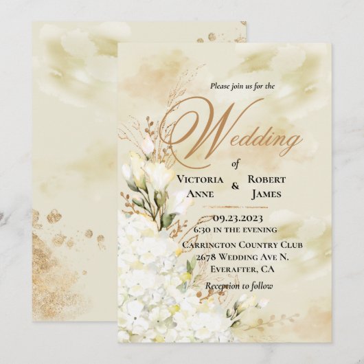 Hydrangea Elegant White Gold Floral Wedding Kaart (Voorkant / Achterkant)