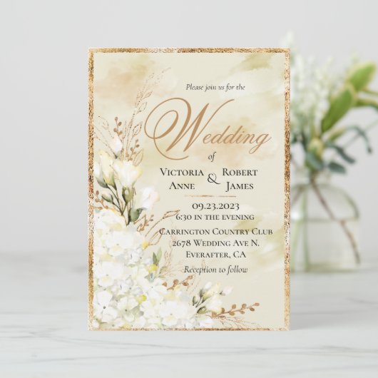 Hydrangea Elegant White Gold Floral Wedding Kaart (Staand voorkant)