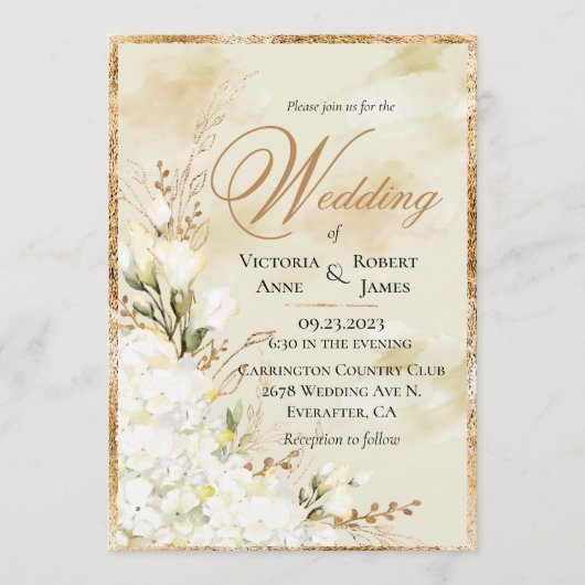 Hydrangea Elegant White Gold Floral Wedding Kaart (Voorkant)