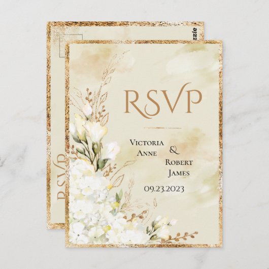 Hydrangea Elegant White Gold Floral Wedding RSVP Briefkaart (Voorkant / Achterkant)