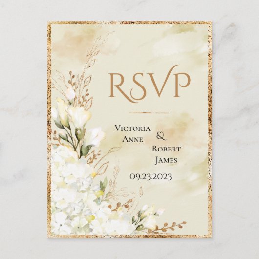 Hydrangea Elegant White Gold Floral Wedding RSVP Briefkaart (Voorkant)