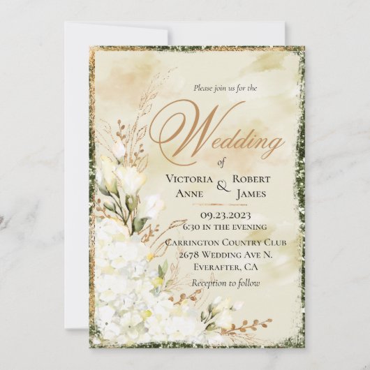 Hydrangea Elegant White Gold Green Floral Wedding Kaart (Voorkant)