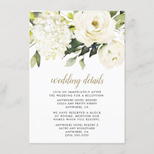Hydrangea Elegant White Gold Roos Floral Wedding Informatiekaartje