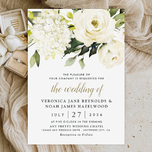 Hydrangea Elegant White Gold Roos Floral Wedding Kaart