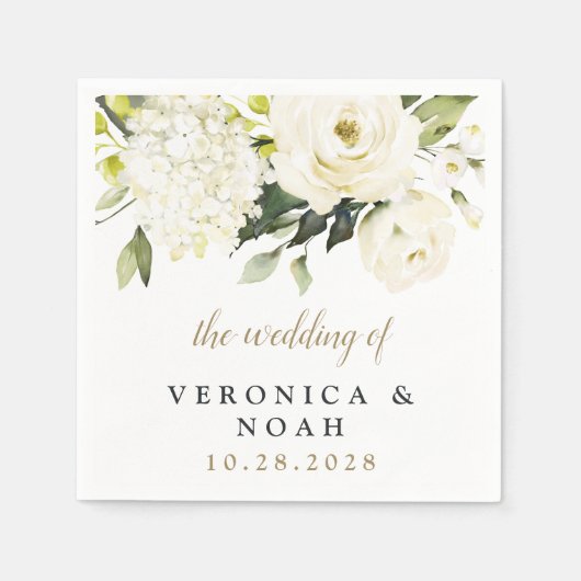 Hydrangea Elegant White Gold Roos Floral Wedding Servet (Voorkant)
