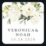Hydrangea Elegant White Gold Roos Floral Wedding Vierkante Sticker<br><div class="desc">Het ontwerp is voorzien van elegante hydrangea en rozen waterverf-elementen in tinten van witte,  gouden,  ivoor,  champagne en andere neutrale kleuren boven groen,  eucalyptus en andere botanische bladeren.</div>