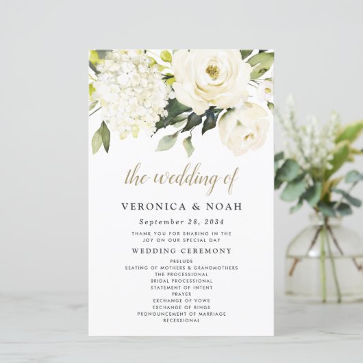 Hydrangea Elegant White Gold Roos Wedding Programs (Staand voorkant)