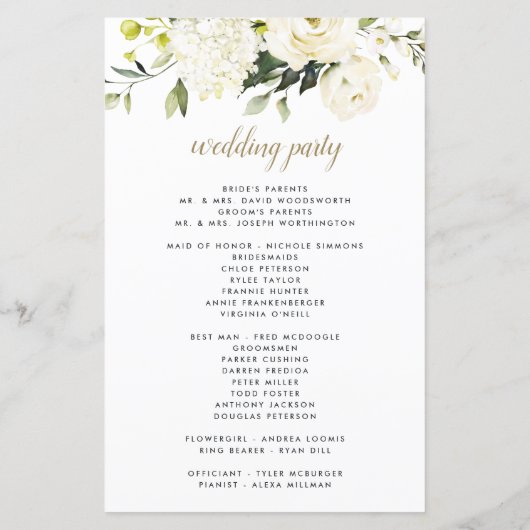 Hydrangea Elegant White Gold Roos Wedding Programs (Achterkant)