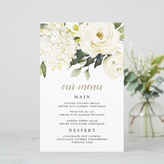 Hydrangea Elegant White Gold Wedding Menu Kaarten (Staand voorkant)