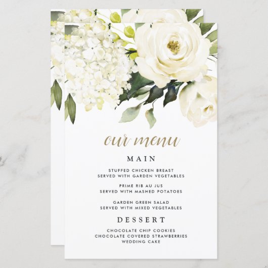 Hydrangea Elegant White Gold Wedding Menu Kaarten (Voorkant / Achterkant)