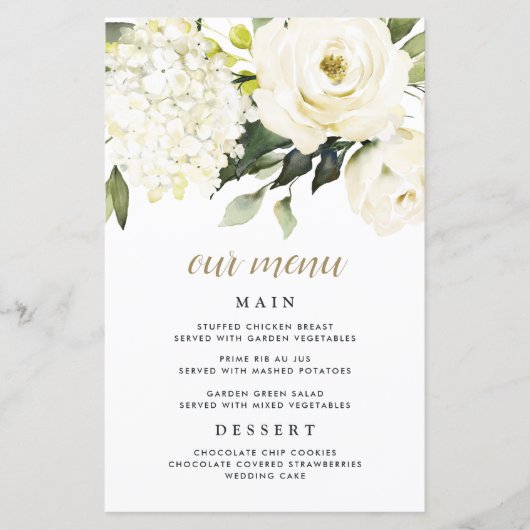 Hydrangea Elegant White Gold Wedding Menu Kaarten (Voorkant)