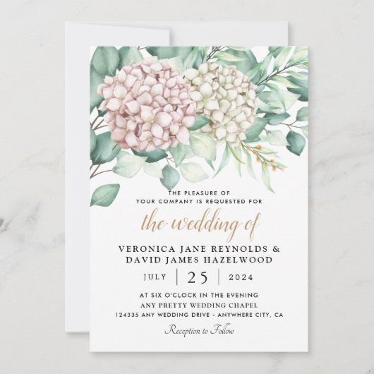 Hydrangea Elegant White Green Roos Floral Wedding Kaart (Voorkant)