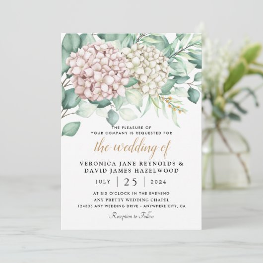 Hydrangea Elegant White Green Roos Floral Wedding Kaart (Staand voorkant)