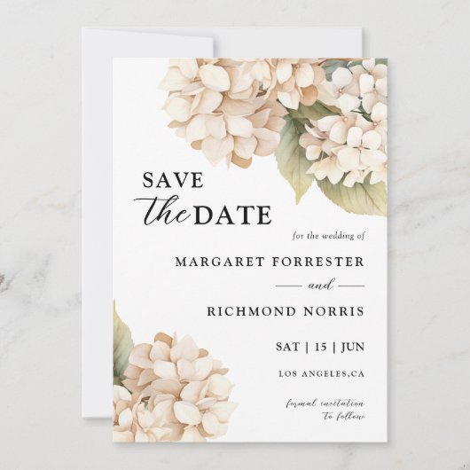 Hydrangea Elegant White Wedding Save The Date Kaart (Voorkant)