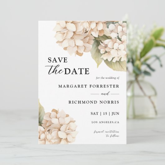 Hydrangea Elegant White Wedding Save The Date Kaart (Staand voorkant)