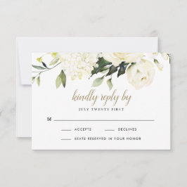 Hydrangea Elegant Wit Gouden Roos Bloemstuk Bruilo RSVP Kaartje