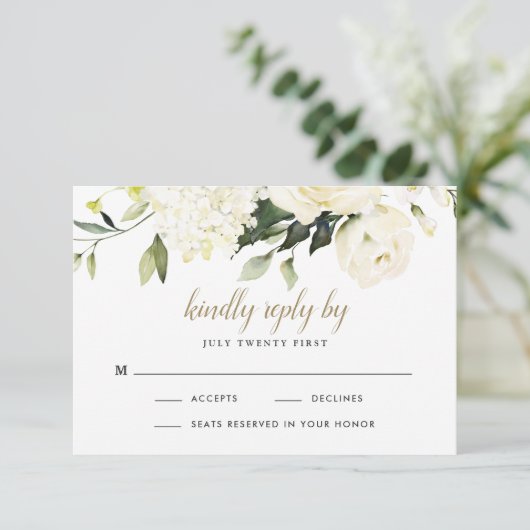Hydrangea Elegante Witte Gouden Roze Bloemige Trou RSVP Kaartje (Staand voorkant)