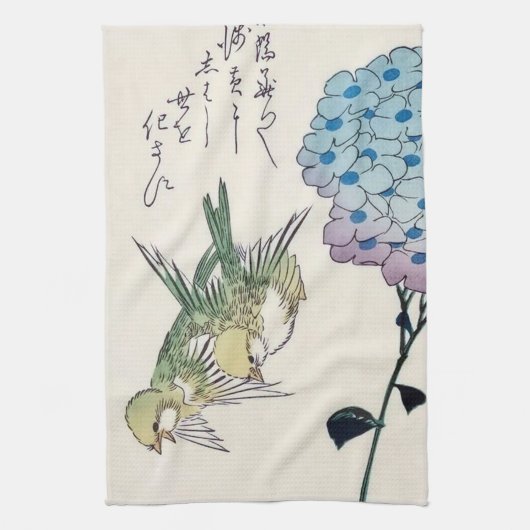 Hydrangea en Groenlingen, Hiroshige, Ukiyo-e Theedoek (Verticaal)