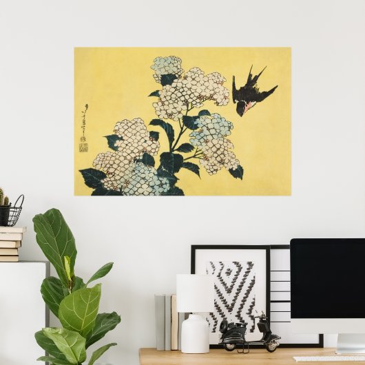 Hydrangea en  Japanse kunst Poster (Thuiskantoor)
