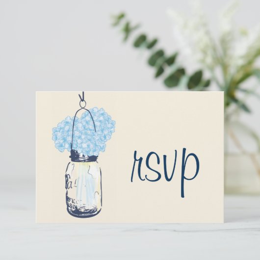 Hydrangea en Mason Jar Wedding RSVP Kaartje (Staand voorkant)