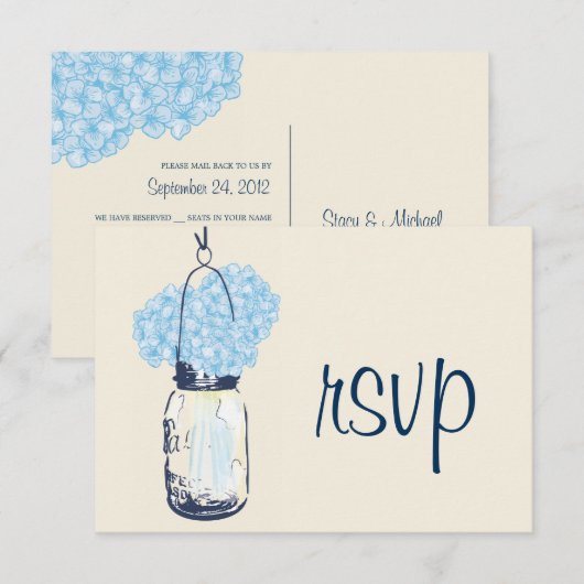 Hydrangea en Mason Jar Wedding RSVP Kaartje (Voorkant / Achterkant)