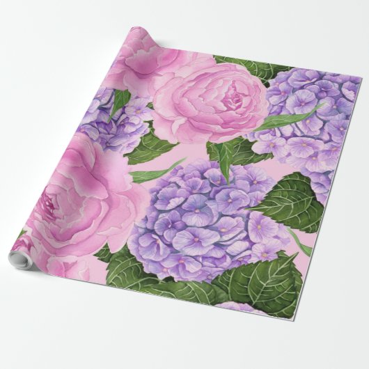 Hydrangea en pony-patroon cadeaupapier (Uitgerold)