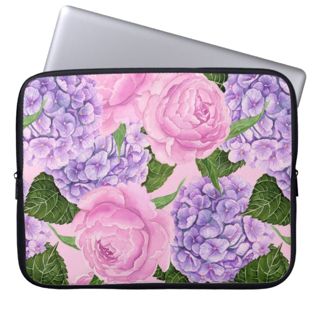 Hydrangea en pony-patroon laptop sleeve (Voorkant)