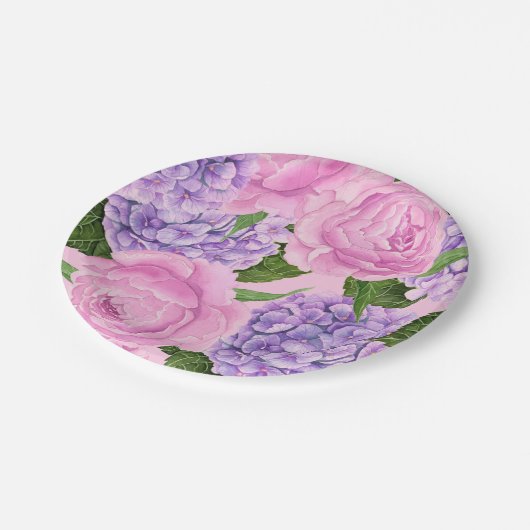 Hydrangea en pony-patroon papieren bordje (Gekanteld)