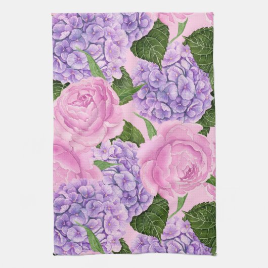 Hydrangea en pony-patroon theedoek (Verticaal)