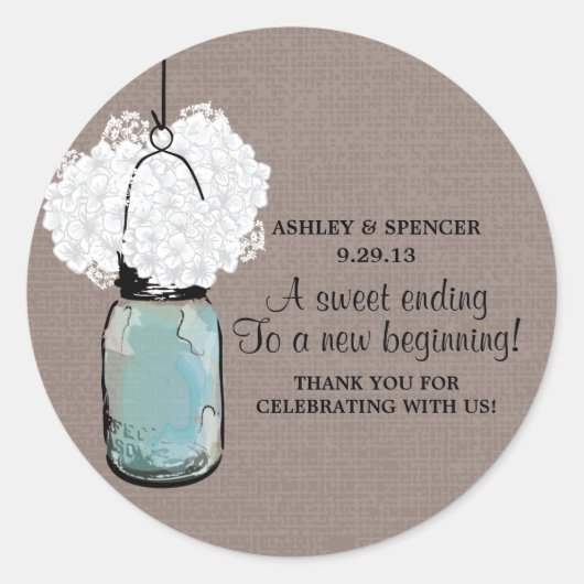Hydrangea en rustieke Mason Jar Ronde Sticker (Voorkant)
