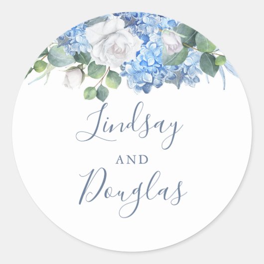Hydrangea en Witte Bloemen Stoffige Blauwe Waterve Ronde Sticker (Voorkant)