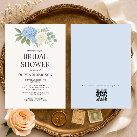 Hydrangea Eucalyptus QR Code Bridal Shower Kaart