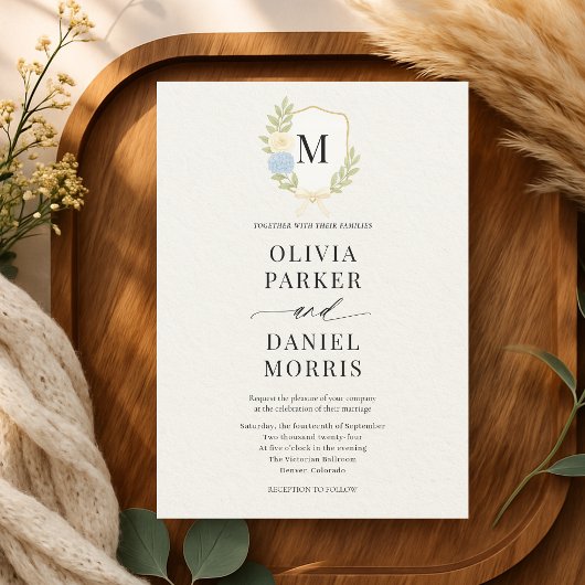 Hydrangea Floral Crest Monogram Wedding Kaart