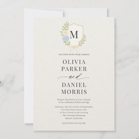 Hydrangea Floral Crest Monogram Wedding Kaart (Voorkant)