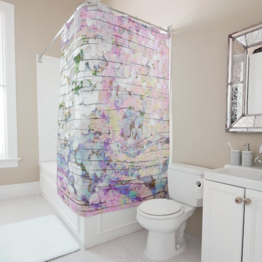 Hydrangea Floral Pink Land Wood Douchegordijn (In situ)