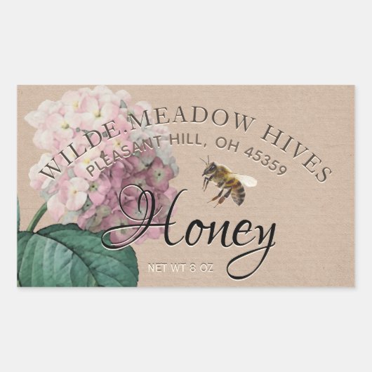 Hydrangea flower & bee Honey Label Kraft (Voorkant)
