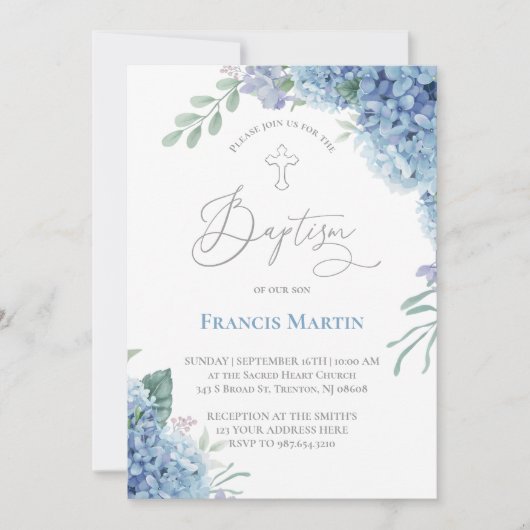 Hydrangea flowers Baptism Invitation Kaart (Voorkant)