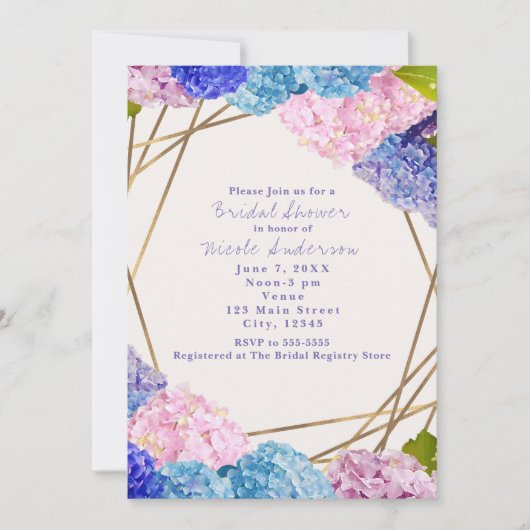 Hydrangea Flowers & Gold Chic Spring Invitations Kaart (Voorkant)