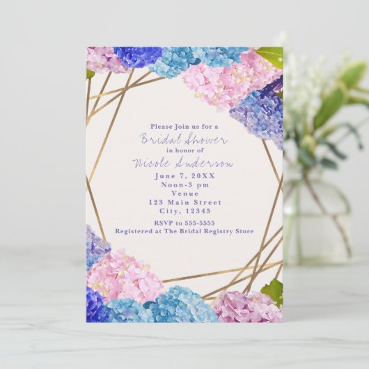 Hydrangea Flowers & Gold Chic Spring Invitations Kaart (Staand voorkant)
