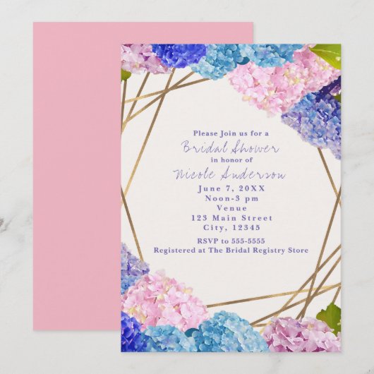 Hydrangea Flowers & Gold Chic Spring Invitations Kaart (Voorkant / Achterkant)