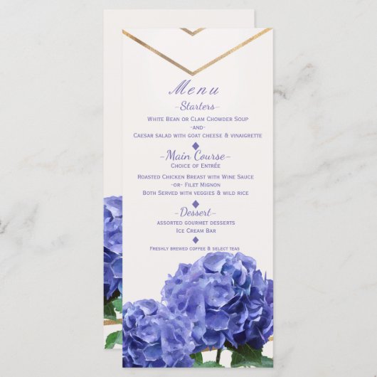 Hydrangea Flowers & Gold Elegant Wedding Menu Card (Voorkant / Achterkant)